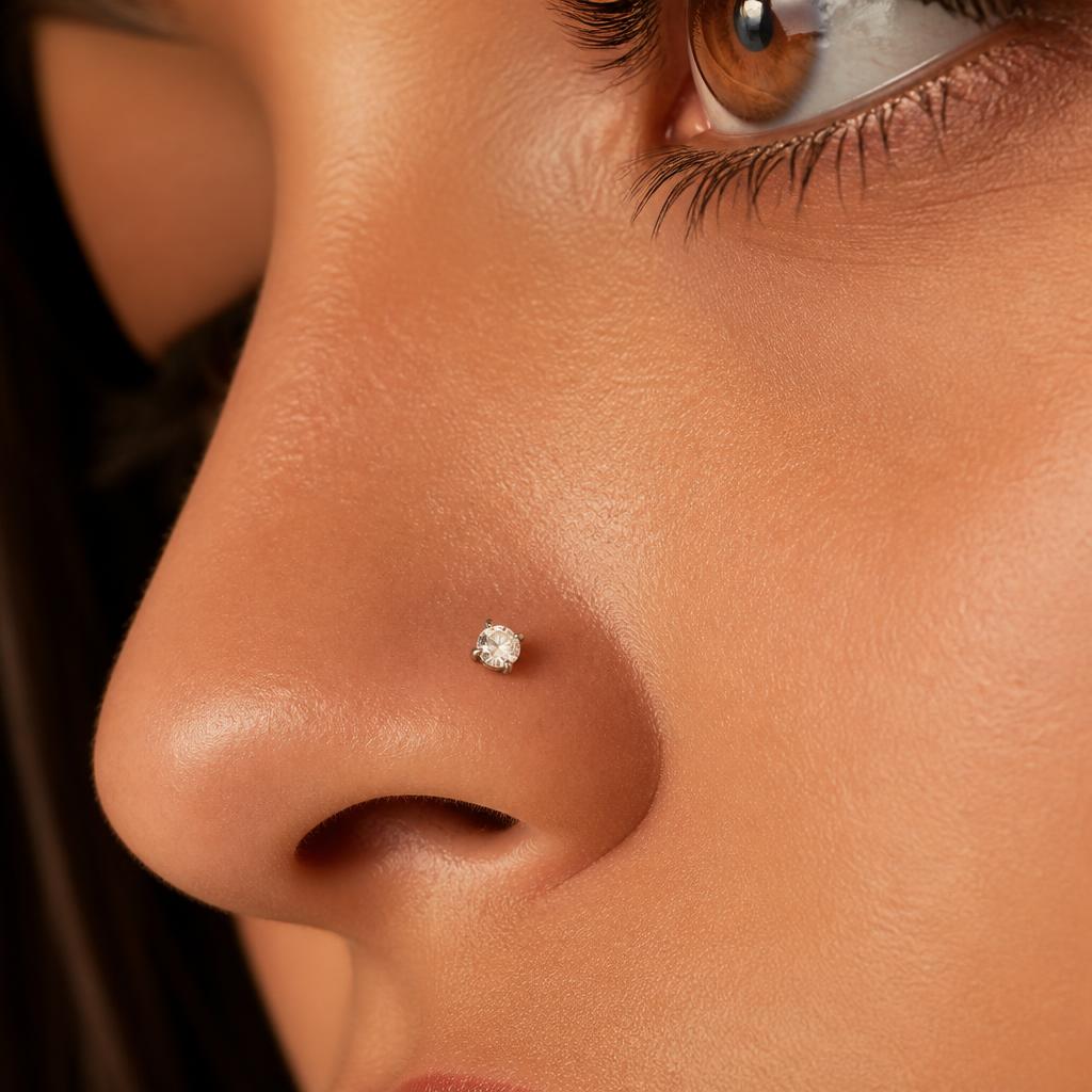 Diamond nostril stud catching light